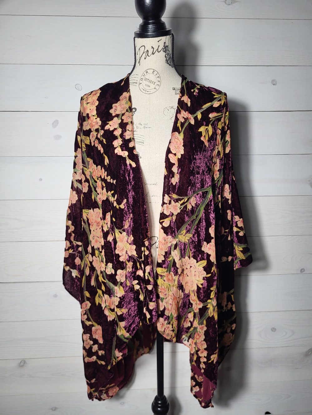 Lane Bryant Poncho Kimono Velour Burnout Whimsical Floral Burgundy Open-Front